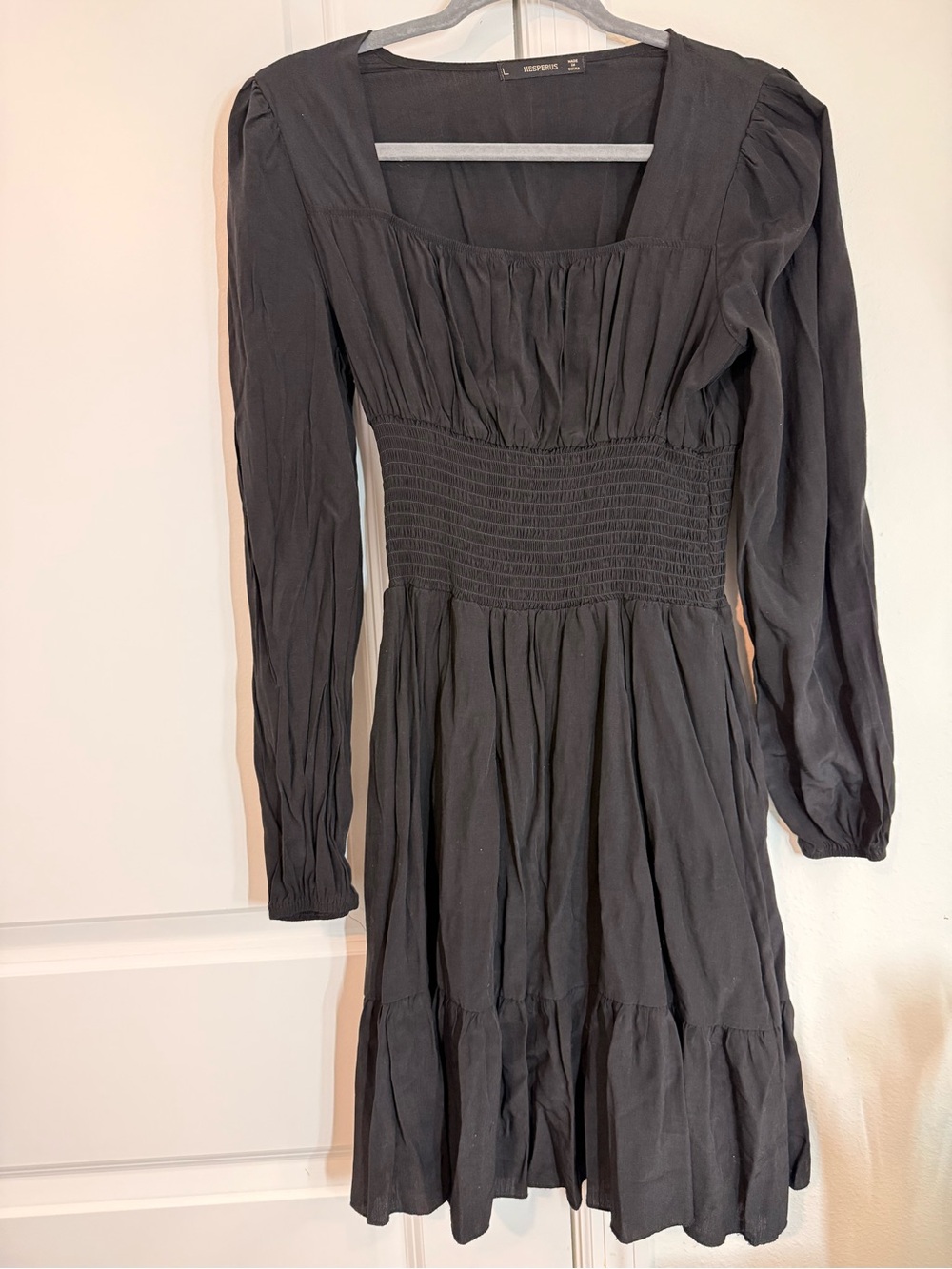 Wisp Long-Sleeve Smocked Waist Dress in Dark Gray